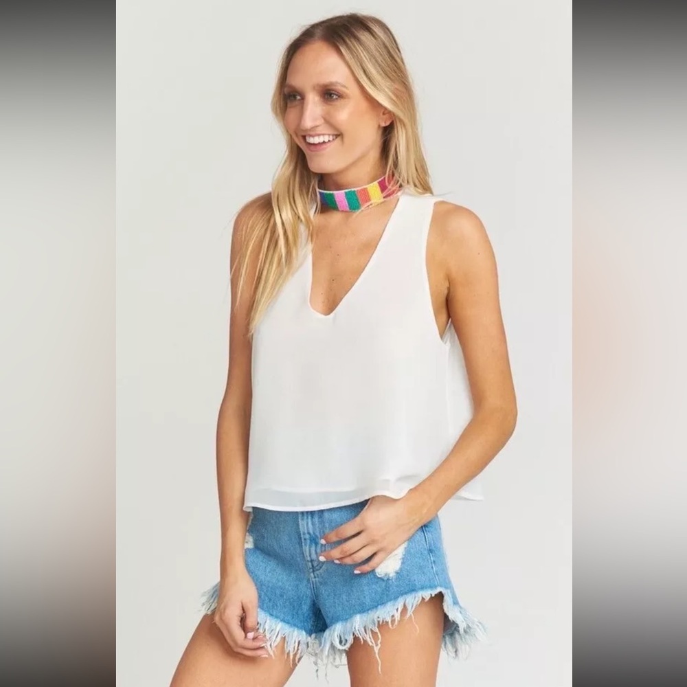 White Loose Fit Swing Tank Chiffon Beaded Chocker Large